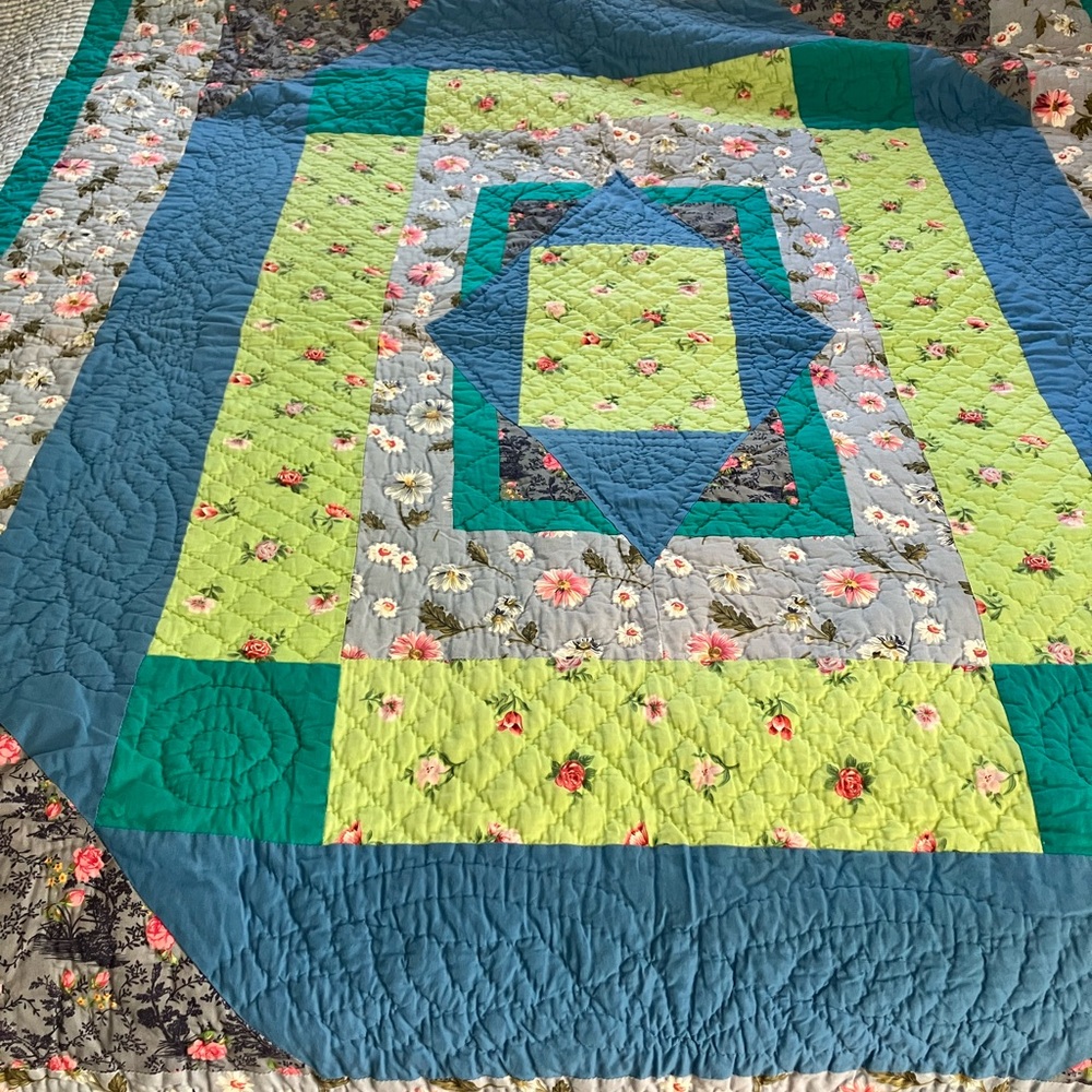 Garnet Hill Floral Patchwork Quilt - Blue and Green HD